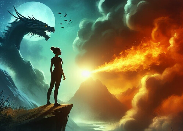 a woman standing on the edge of a cliff with a dragon amongst a storm to demonstrate willpower in the face of adversity