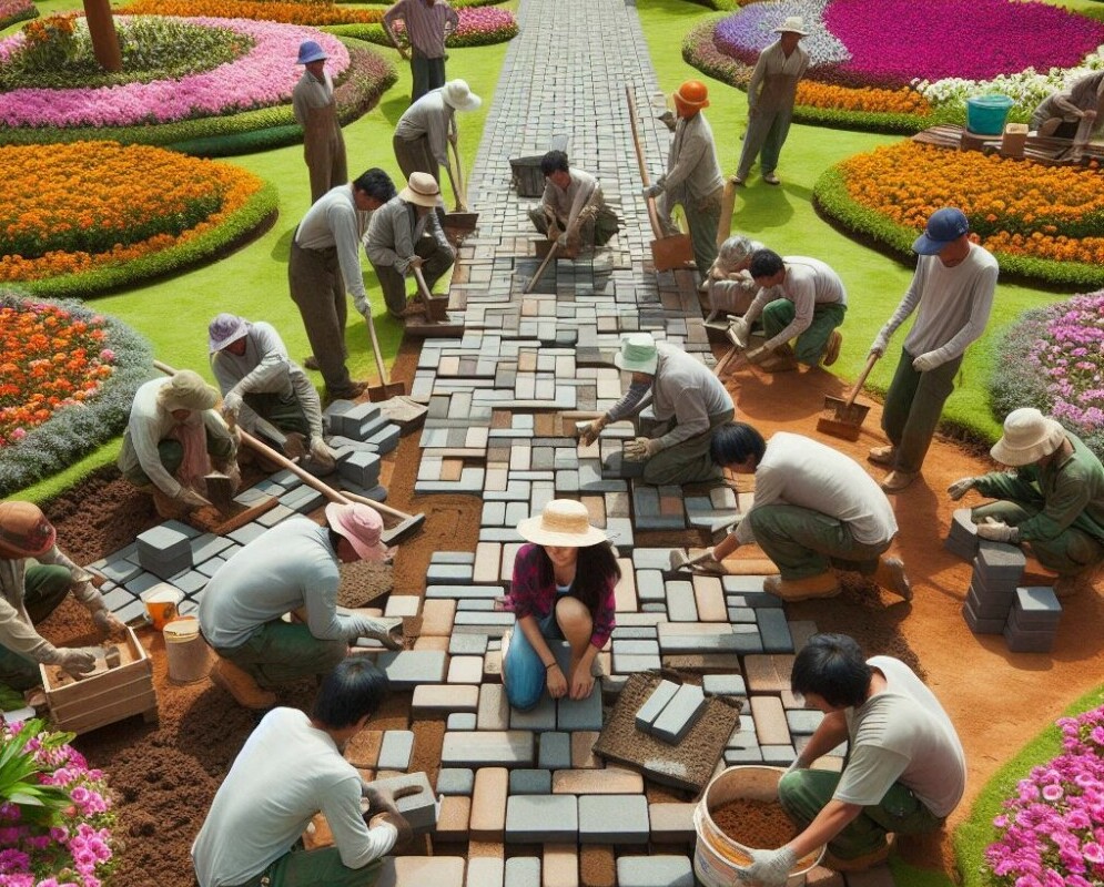 a crew laying the ground pavers to symbolize the base upon which they will later walk