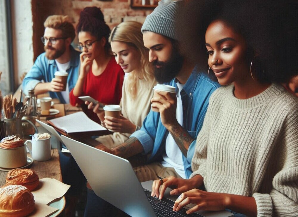 a group of entrepreneurs working independently together while doing keyword research