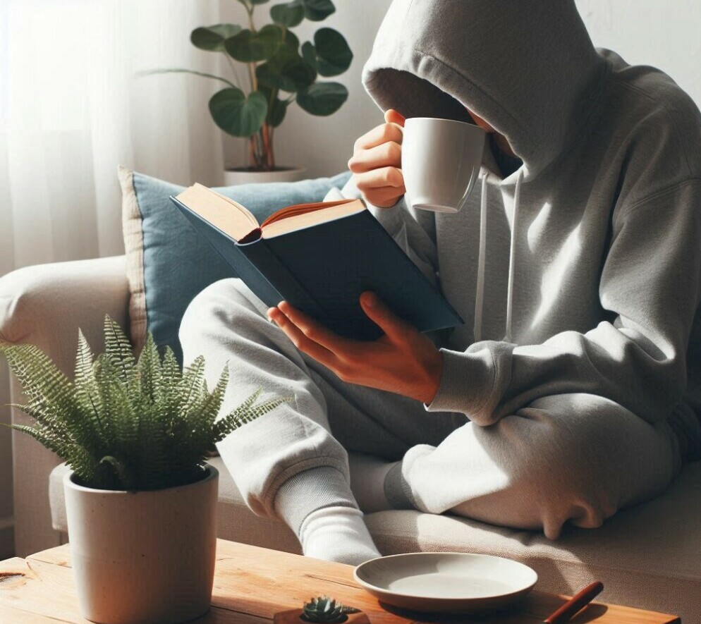 a man reading with a mug of tea