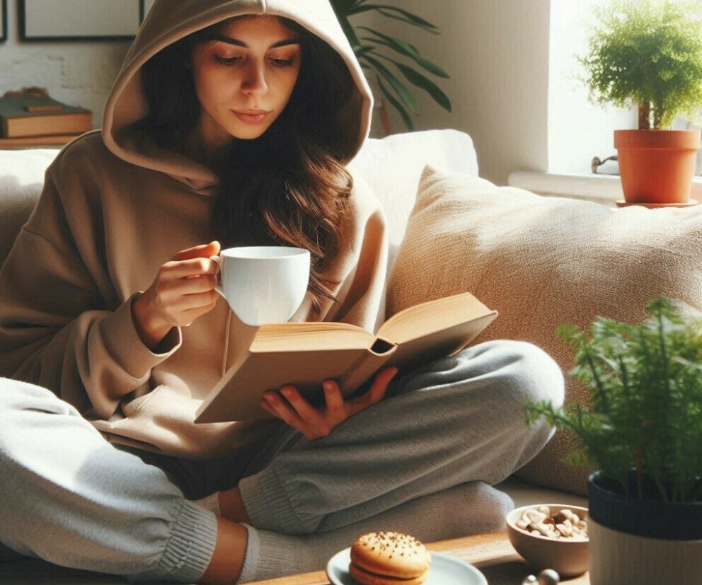 a woman reading with a cup of tea