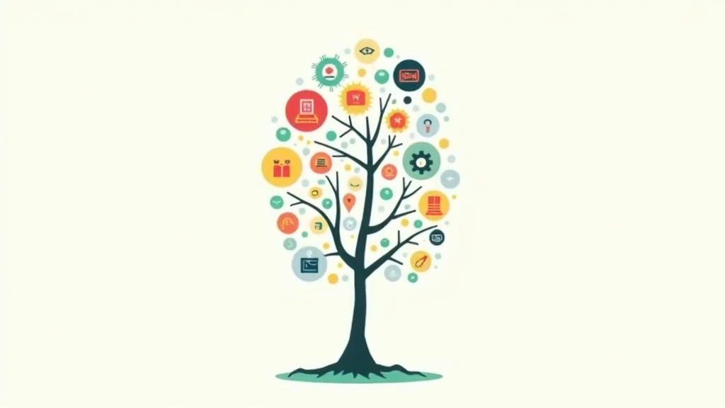 Abstract representation of growth, such as a digital tree with icons depicting skills, knowledge, and improvement.