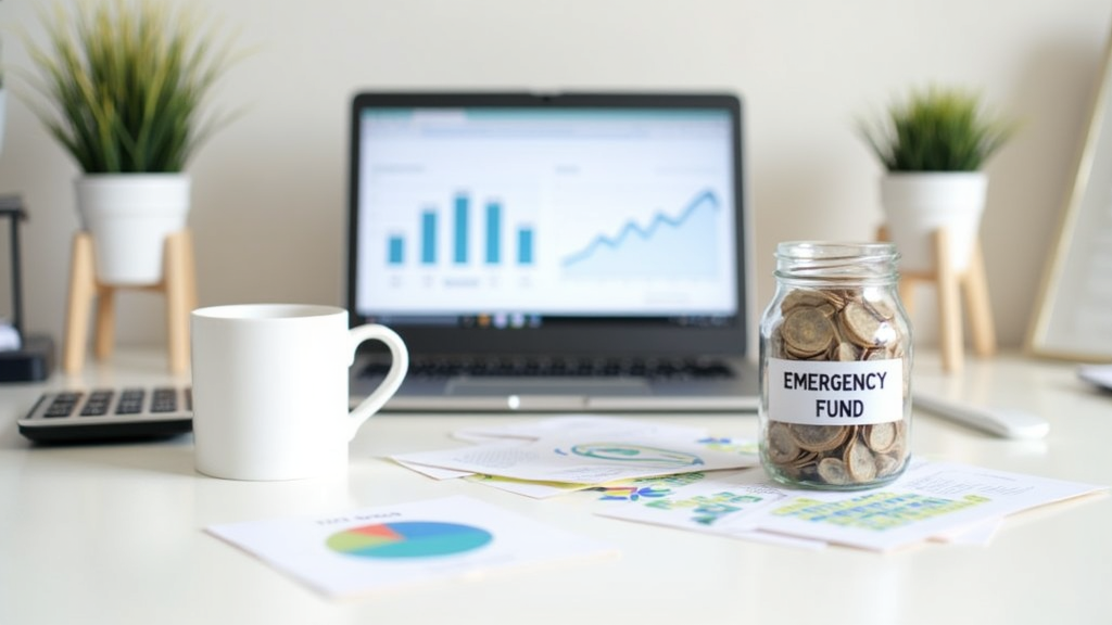 An organized desk with a laptop, coffee cup, and an emergency fund jar alongside business charts and a calculator.