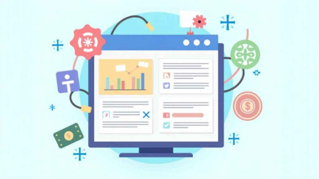 Colorful illustration of digital ads appearing on a blog web page, surrounded by symbols representing money and online traffic.
