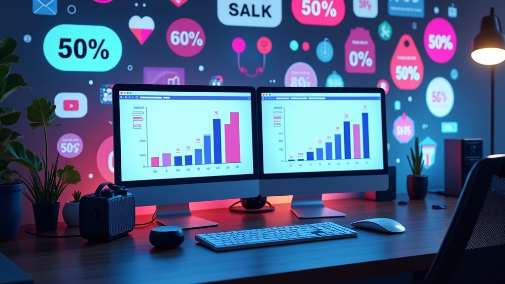 A modern digital workspace with dual monitors showing affiliate marketing graphs, surrounded by tech gadgets and a vibrant background of discount tags and shopping icons.