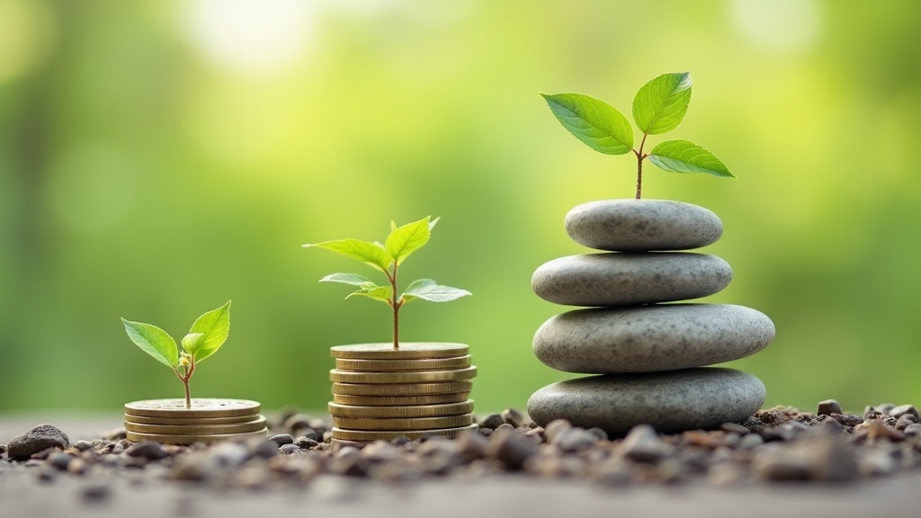 A sturdy foundation of stacked stones with coins and small plants growing around, symbolizing reliable personal finances.