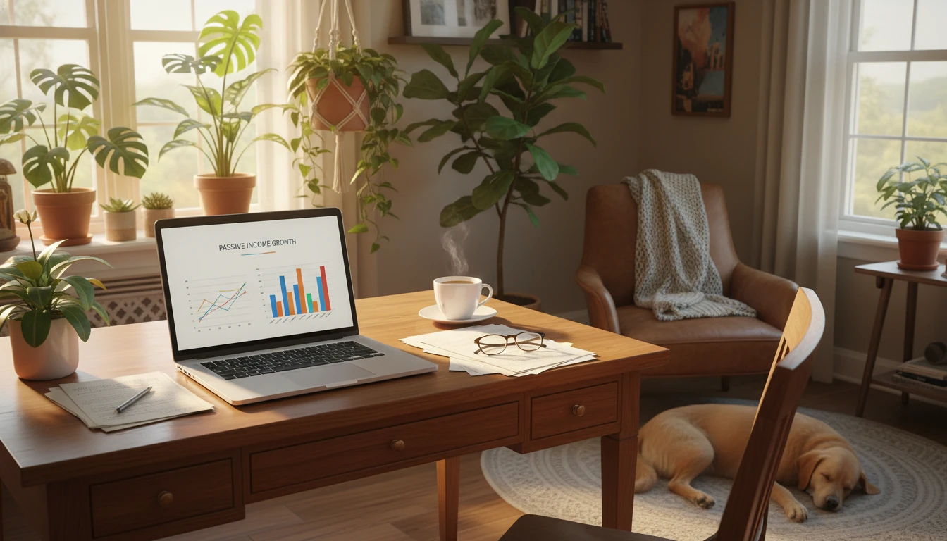 A cozy home office with sunlight, houseplants, and a laptop displaying financial graphs. Papers and a coffee cup sit nearby, evoking a relaxed mood perfect for retirees managing passive income streams.