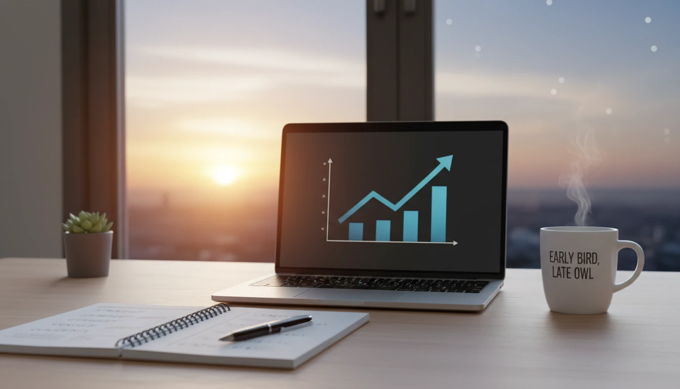 A simple, inviting image of a laptop, notepad, and coffee mug on a clean desk with a soft sunrise in the background, representing early and late starts in affiliate marketing.