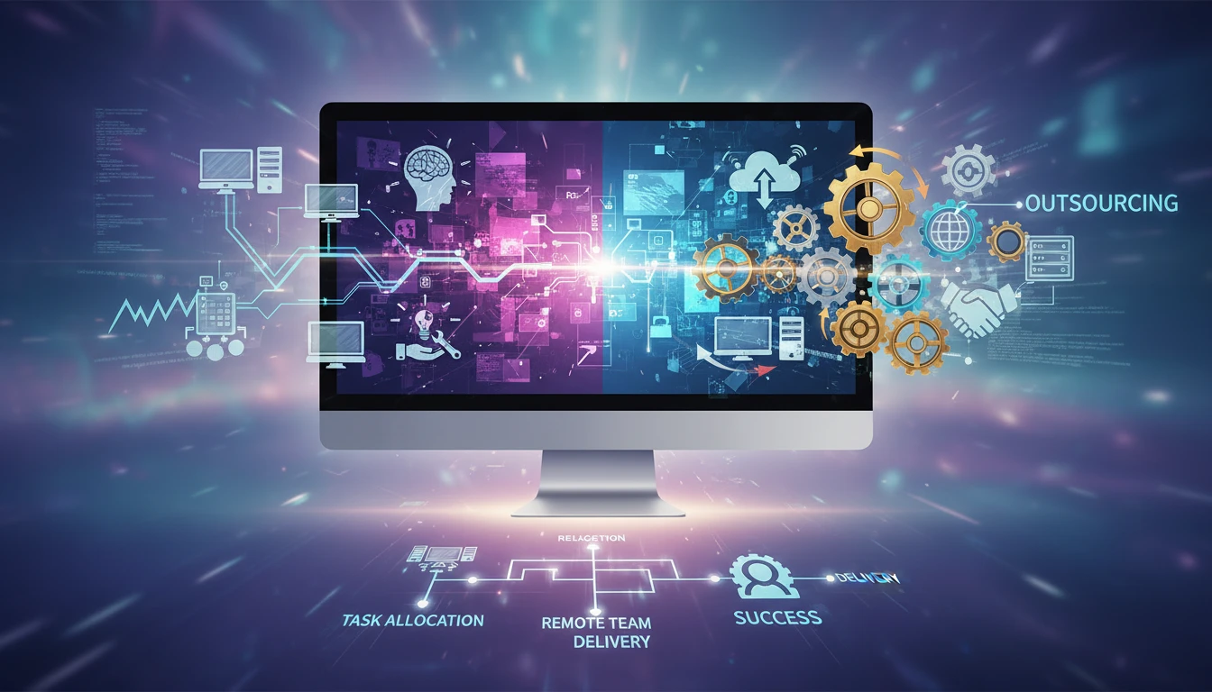 Abstract concept of outsourcing digital tasks: A computer screen with varied icons, flowcharts, and connected gears, suggesting workflow and automation.