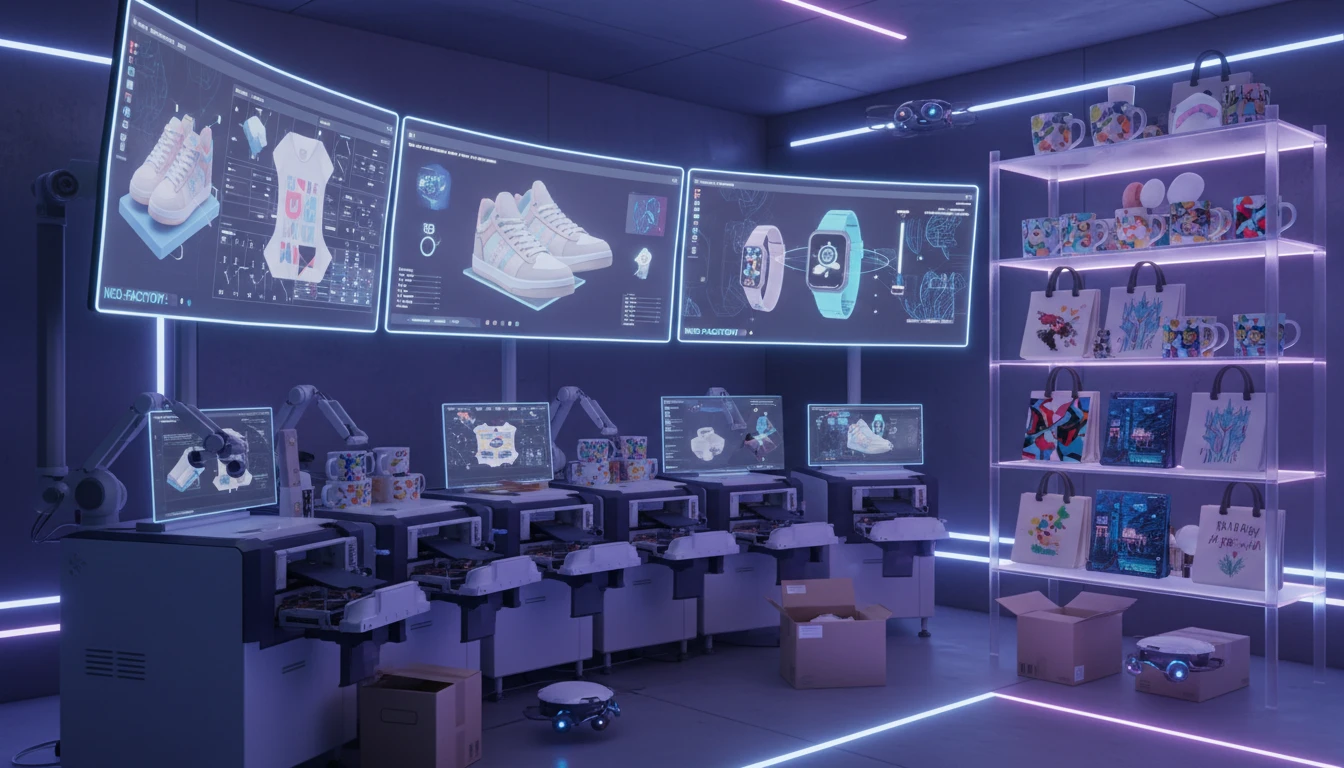 AI automated print-on-demand e-commerce workspace, with printers and computer screens displaying product designs