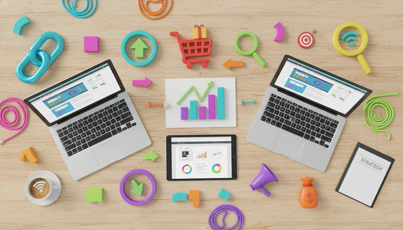 Colorful blocks, arrows, and icons representing online marketing, computers, and digital connections on a desk.