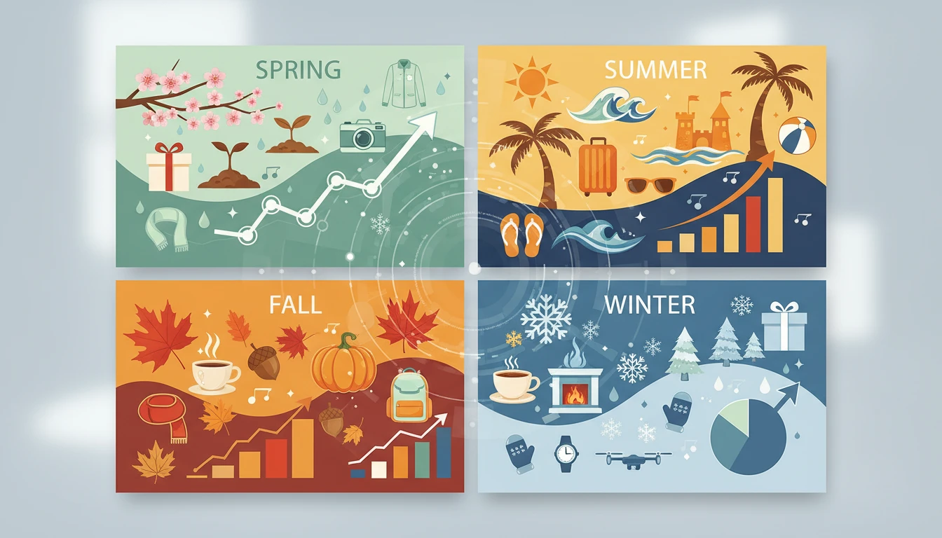 Seasonal marketing concept with icons representing different seasons, product categories, and digital trends