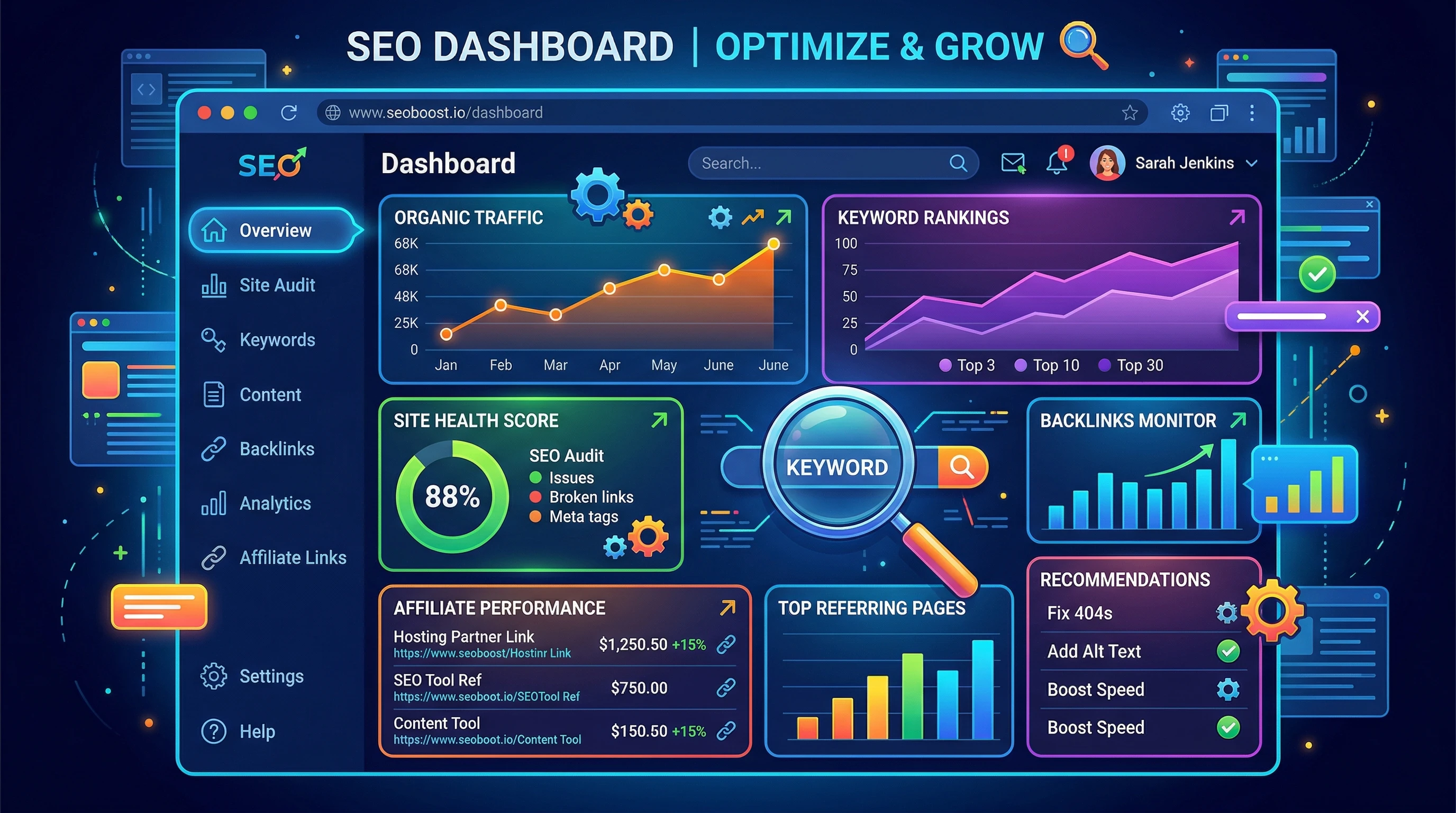 A colorful digital illustration of a website dashboard with SEO charts, magnifying glass, affiliate links, and gear icons representing SEO optimization.