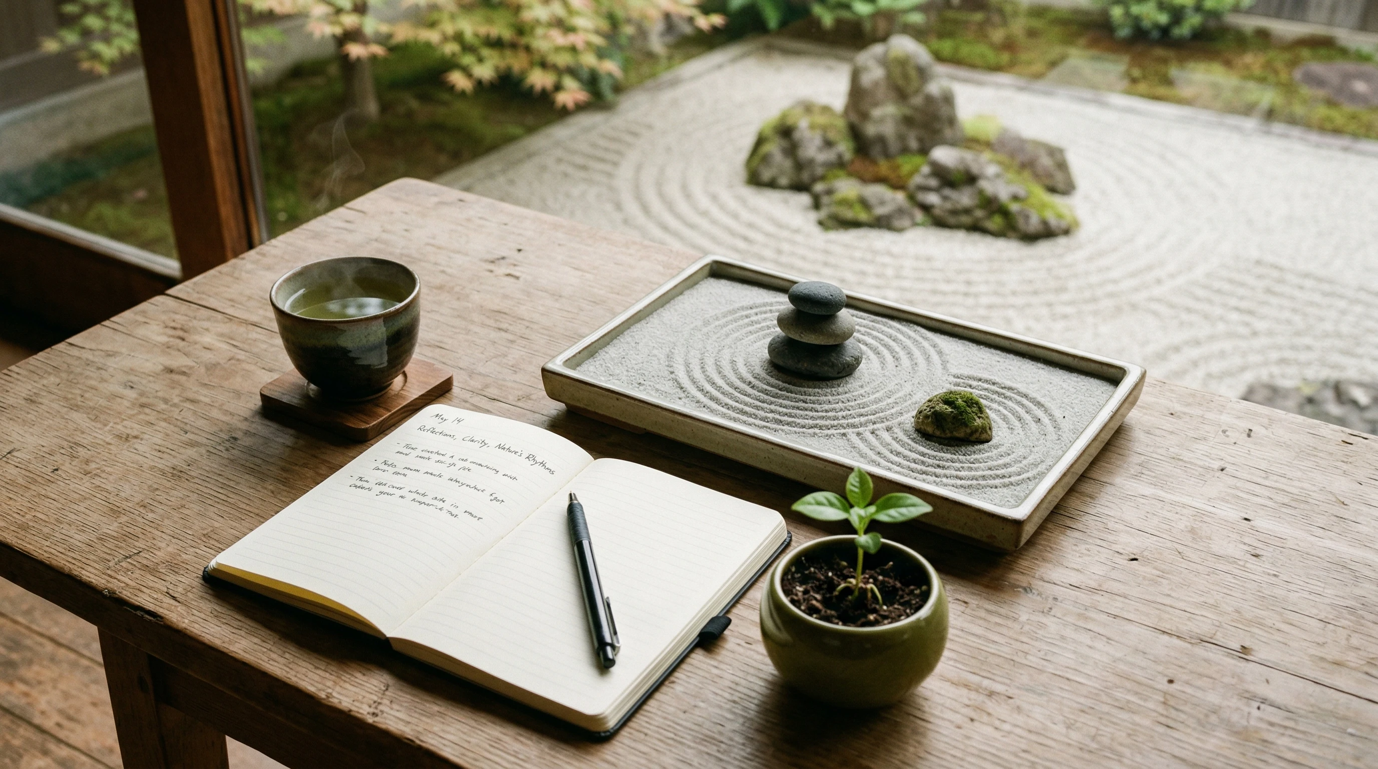 A minimal Zen rock garden with raked sand and balanced stones. A cup of tea, an open notebook, and a sprouting plant are nearby on a plain wooden desk. The mood is peaceful and focused.