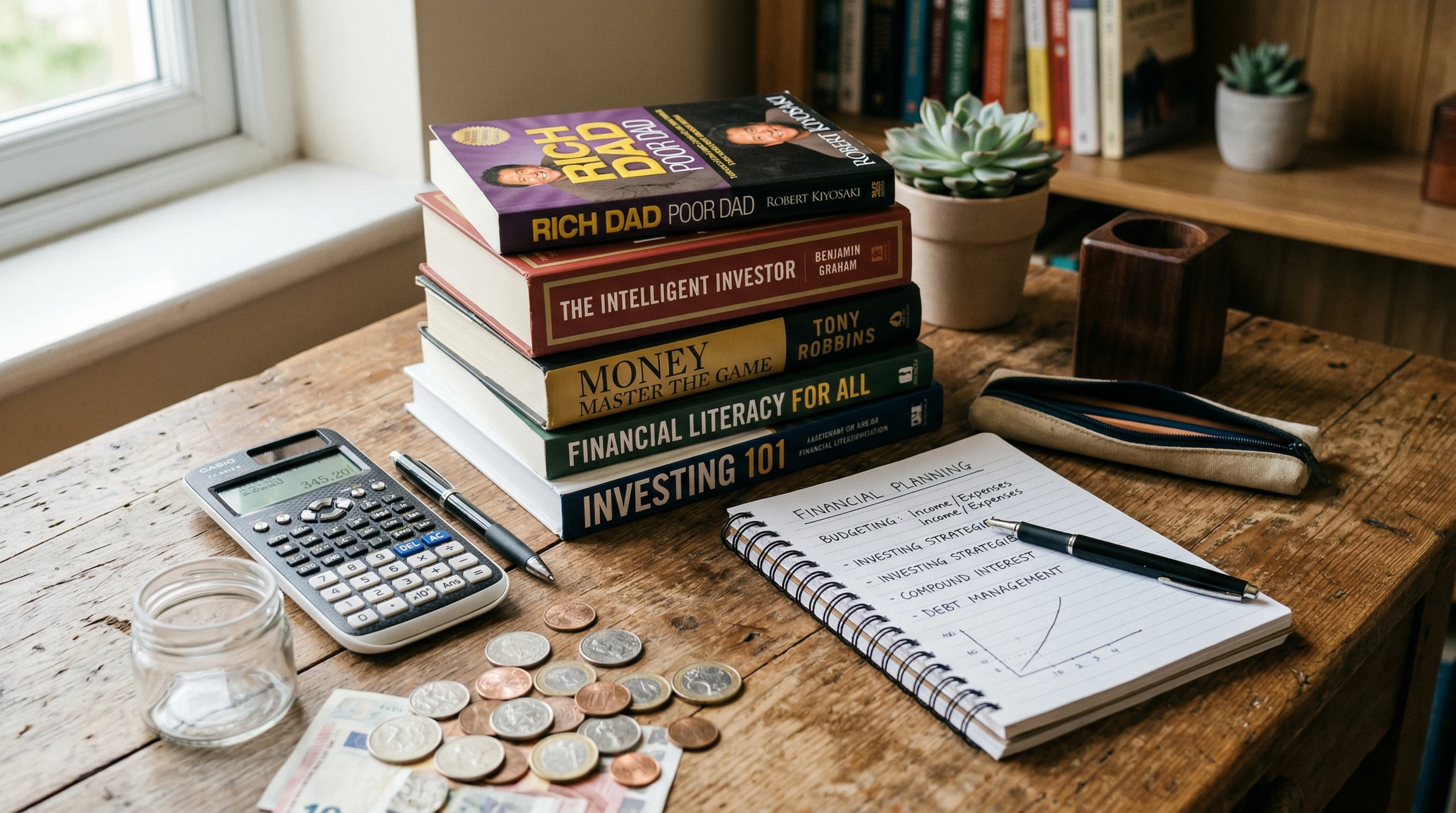 A pile of books, a calculator, some coins, and a notebook arranged on a desk, symbolizing financial education and learning