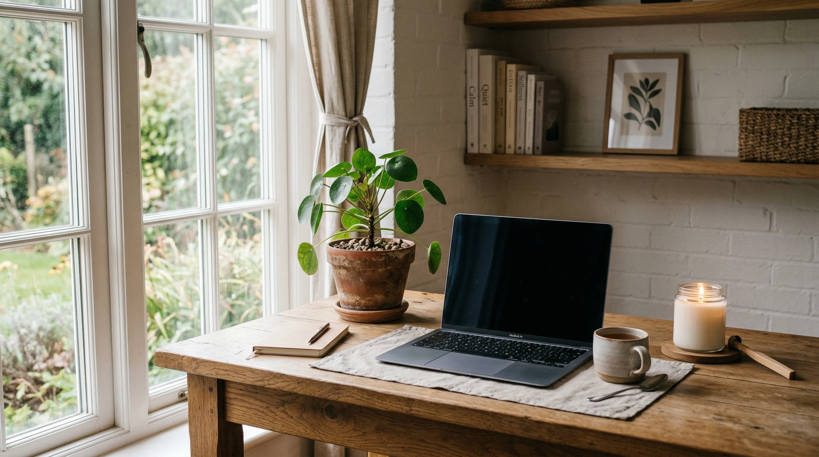 A serene minimalist workspace with a small plant and a cup of tea, sunlight streaming in, and a peaceful atmosphere