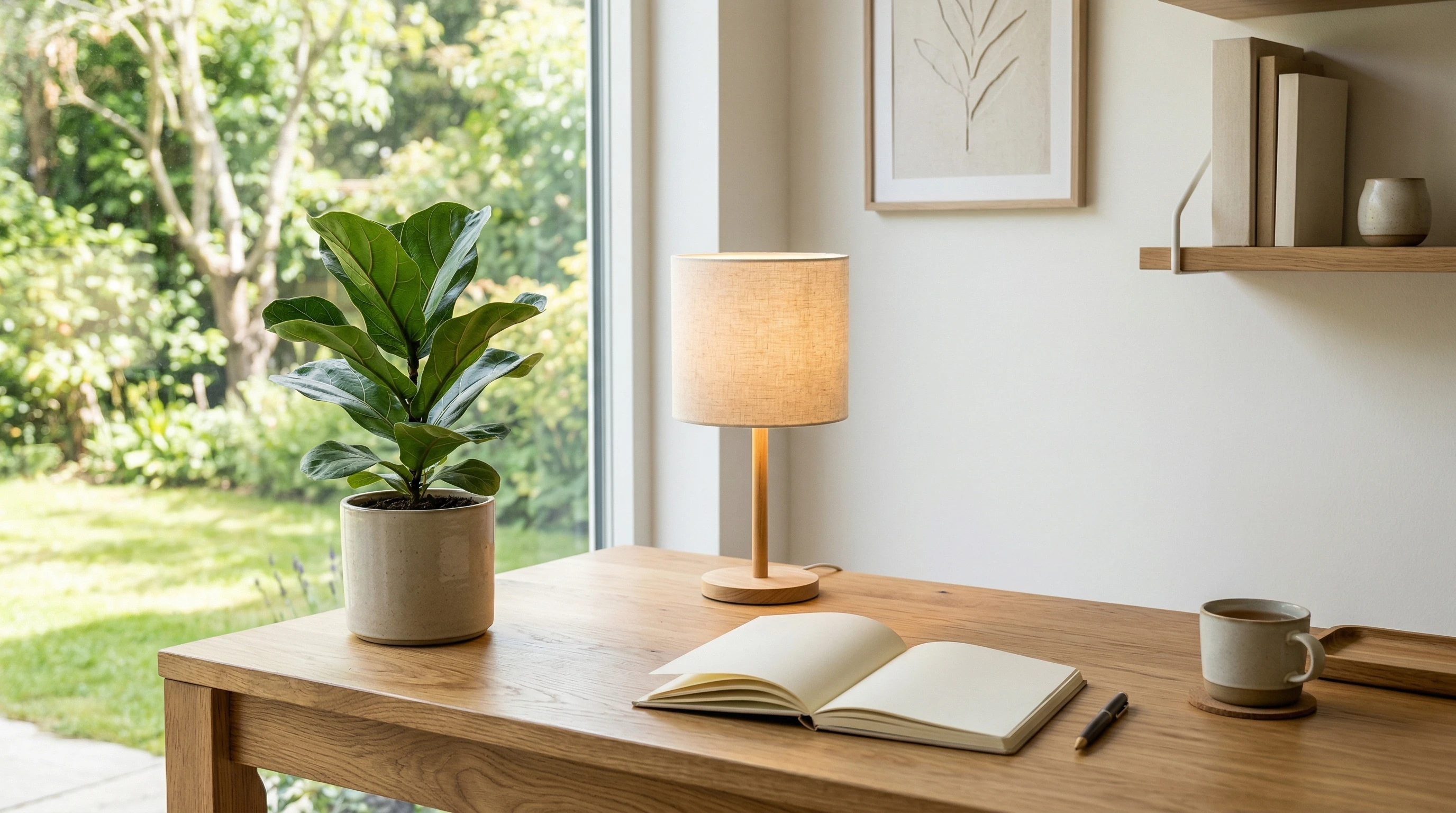 A tranquil workspace with a potted plant and open notebook on a wooden desk beside a softly glowing lamp. The scene looks peaceful and conducive to focus.