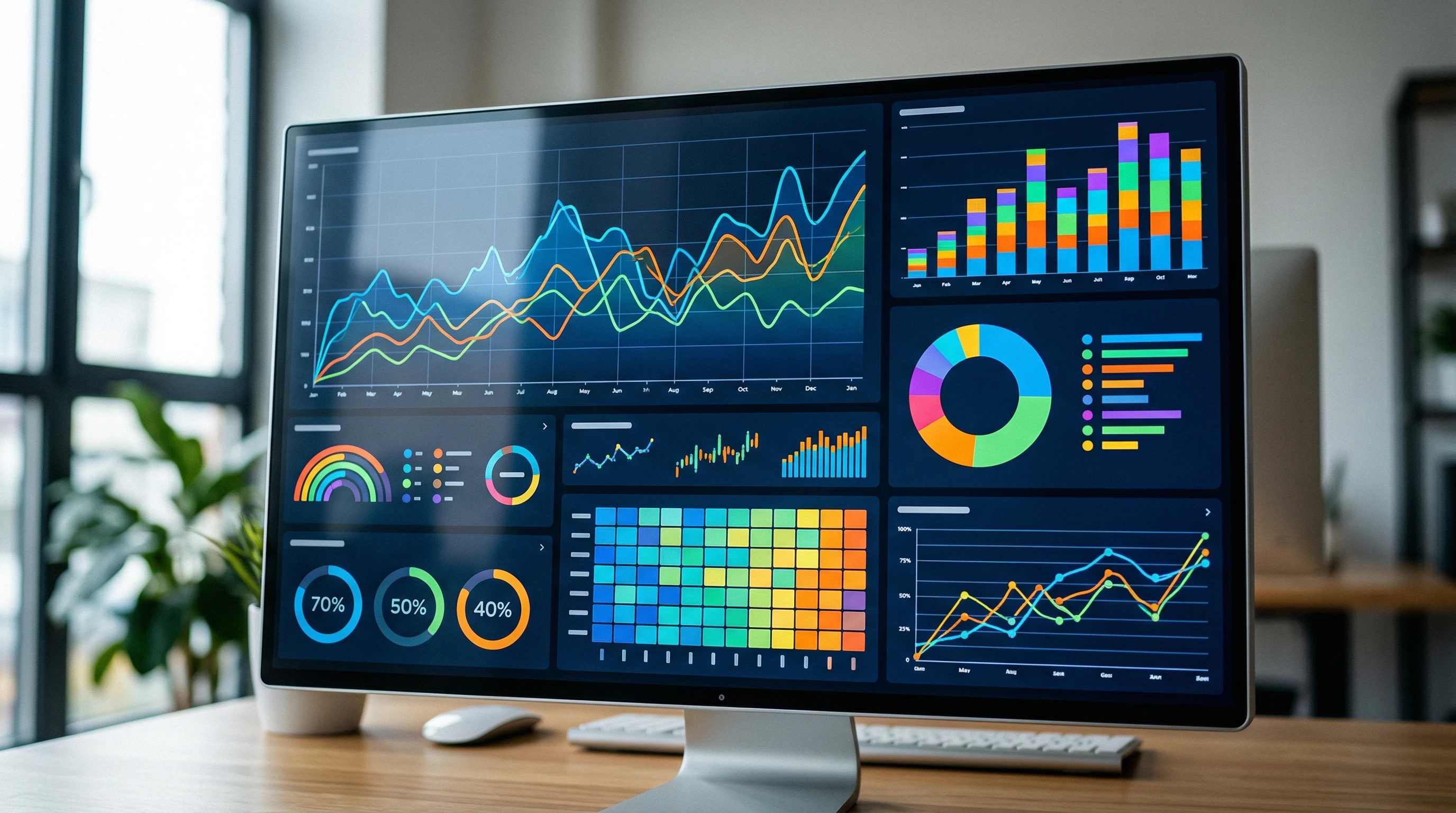 An illustrative dashboard of website analytics charts, including visitor numbers, bounce rates, and real-time data visualization.