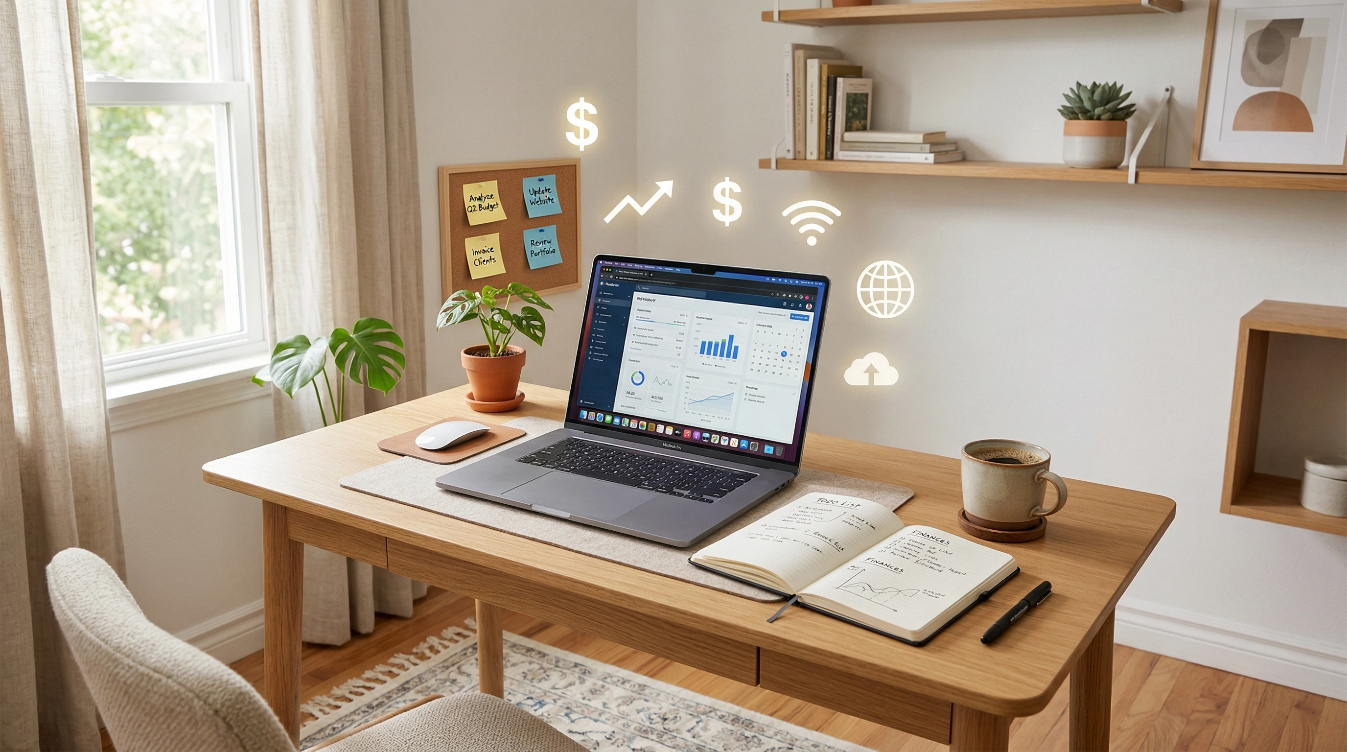An organized home workspace setup with a laptop, notebook, cup of coffee, sticky notes, and some simple digital icons related to money and the internet. Clean, clutter-free, and inviting for remote work.