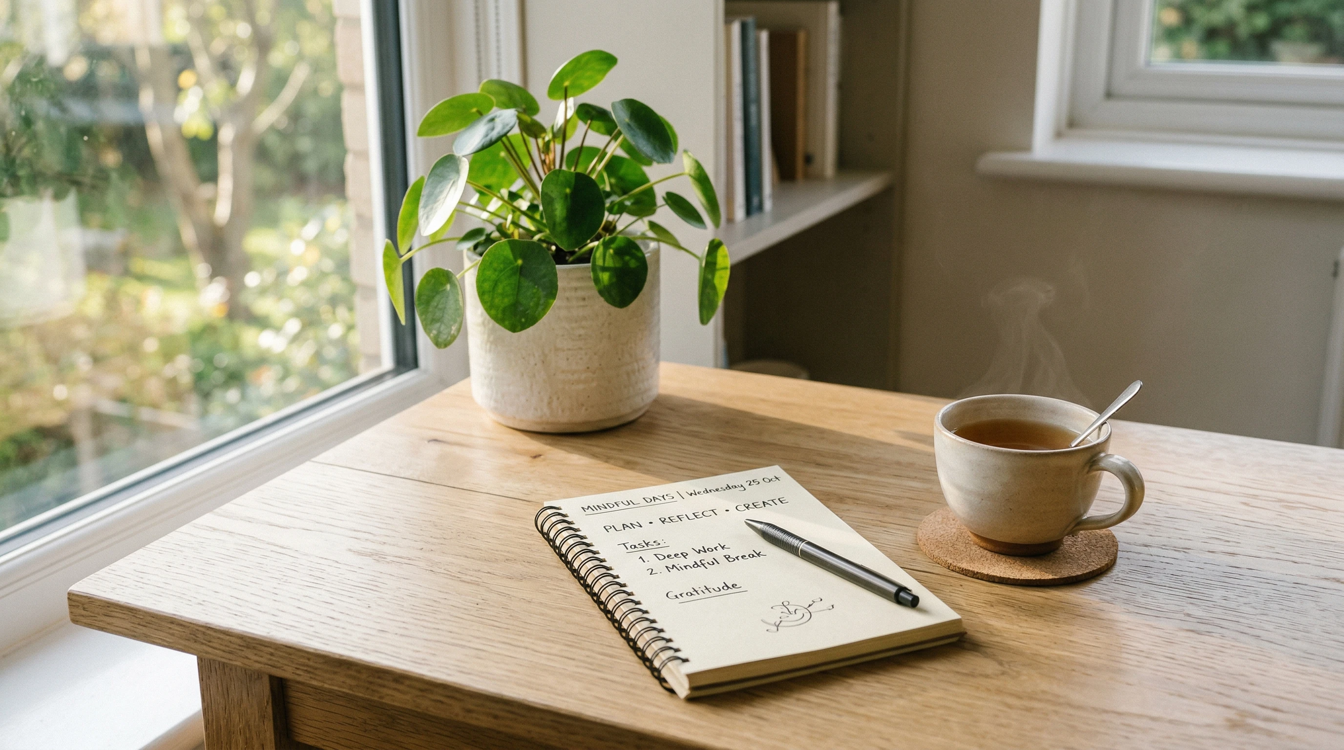 Calm and minimalist workspace with a notepad, a cup of tea, a green plant, and soft natural lighting, symbolizing productivity and mindfulness.
