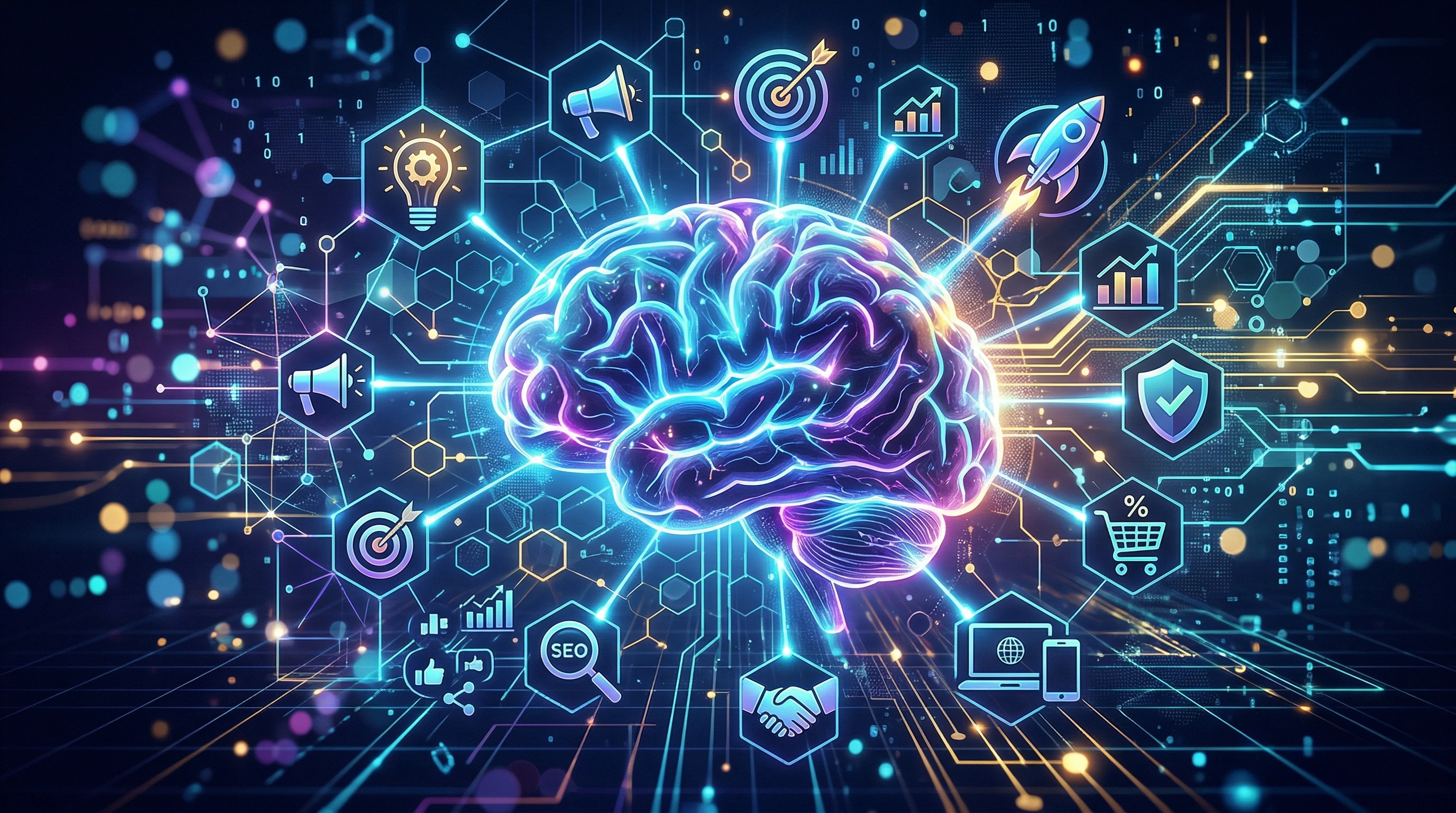 Colorful illustration of a human brain and digital connections symbolizing the subconscious mind and online marketing strategies.