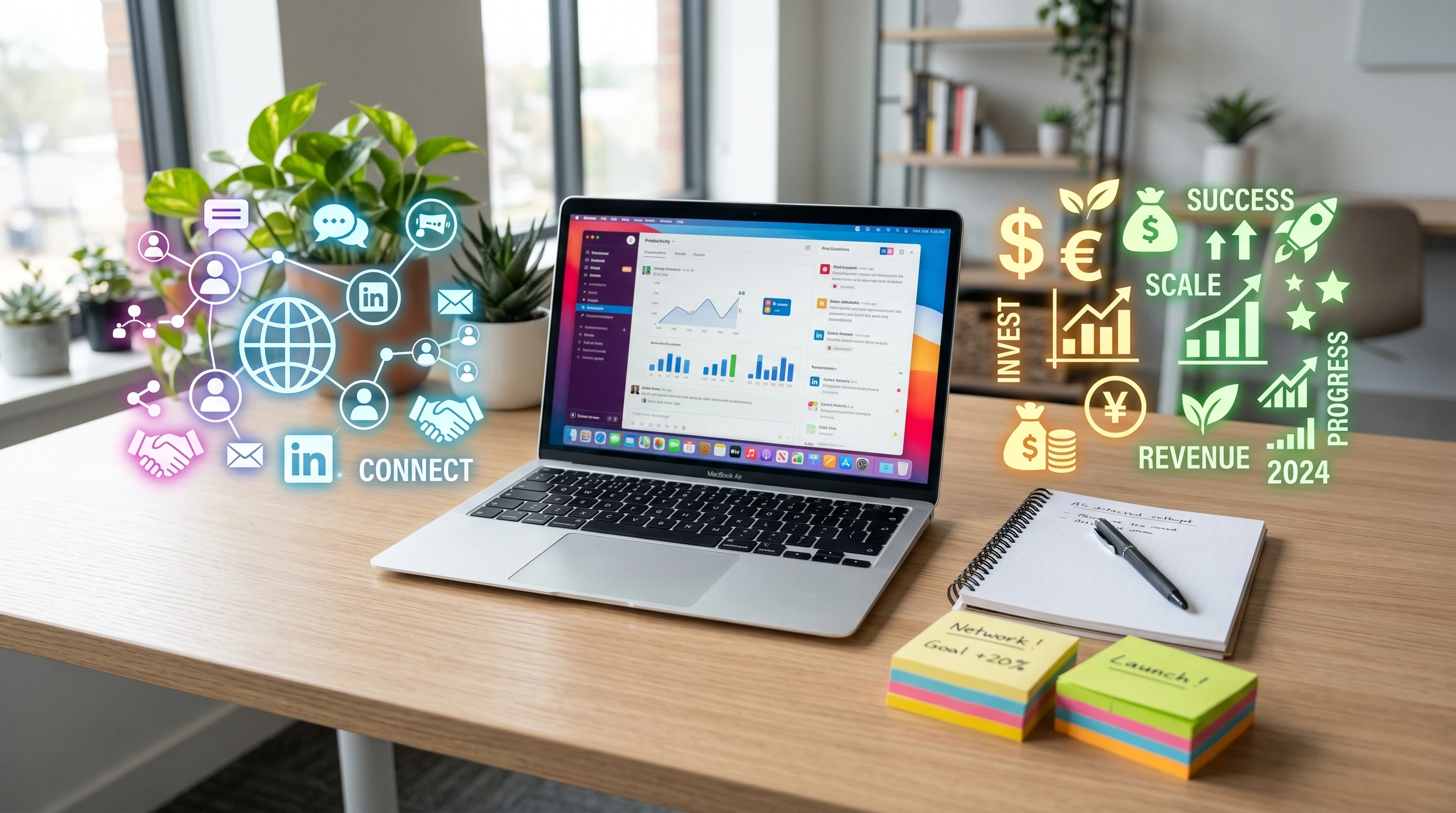 A laptop, a notepad, and a stack of colorful sticky notes surrounded by bright icons representing online networks, money, and growth, on a clutter-free desk.