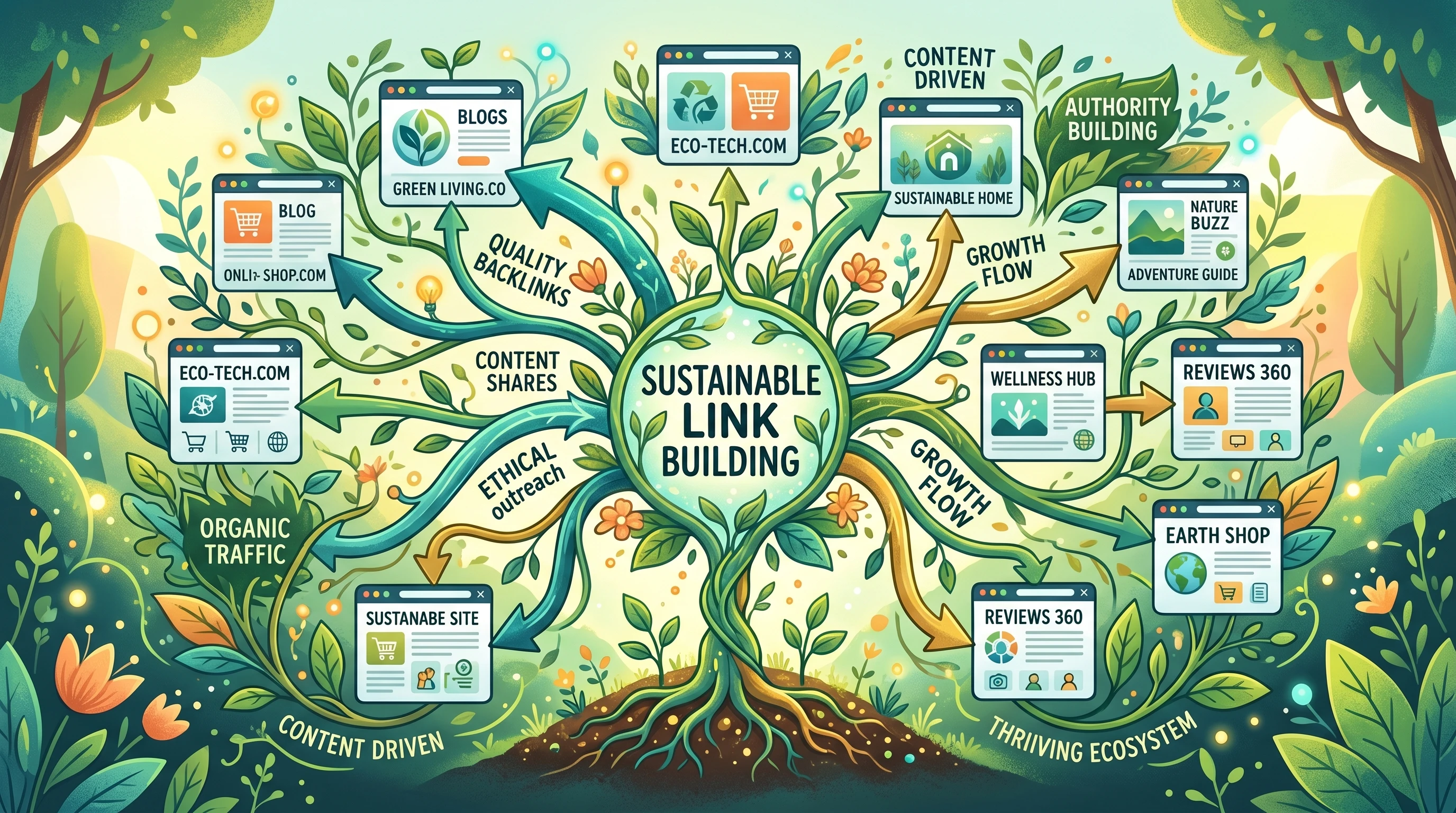 A stylized illustration showing interconnected website icons, arrows, and organic growth symbols, representing sustainable link building for affiliate sites.