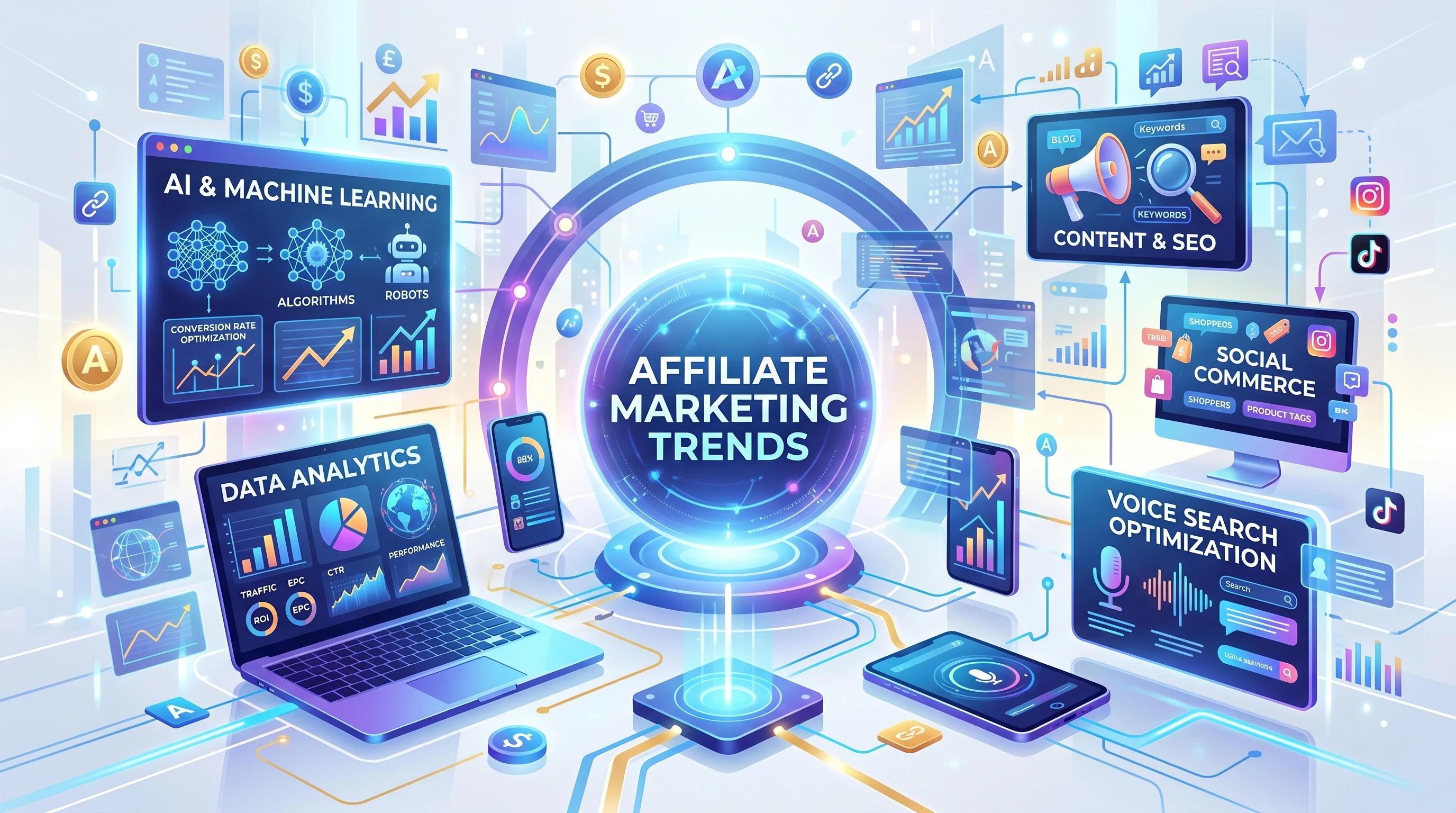 A visual representation of future affiliate marketing trends with tech icons and a sleek web dashboard