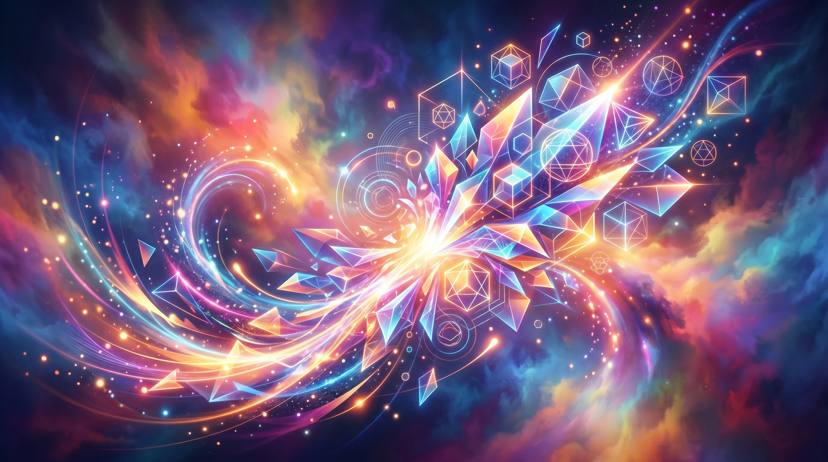 Abstract image showing bright, swirling colors and focused beams blending with geometric shapes to represent clarity and creativity
