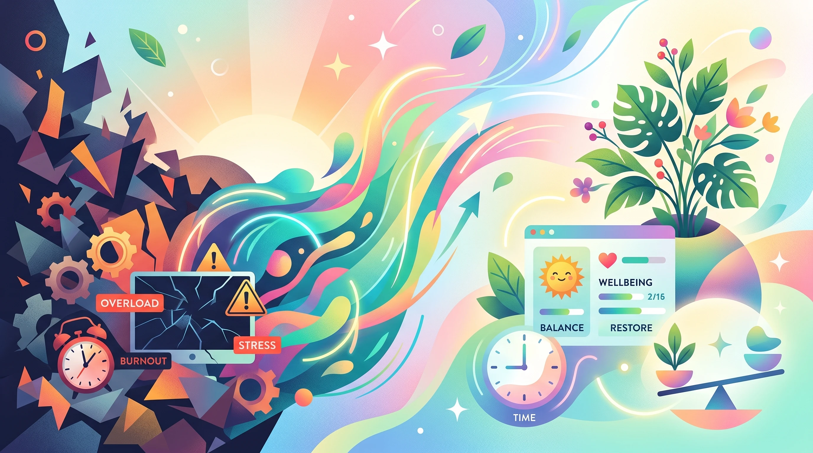 Abstract representation of overcoming burnout and finding mental balance, with bright, uplifting colors.