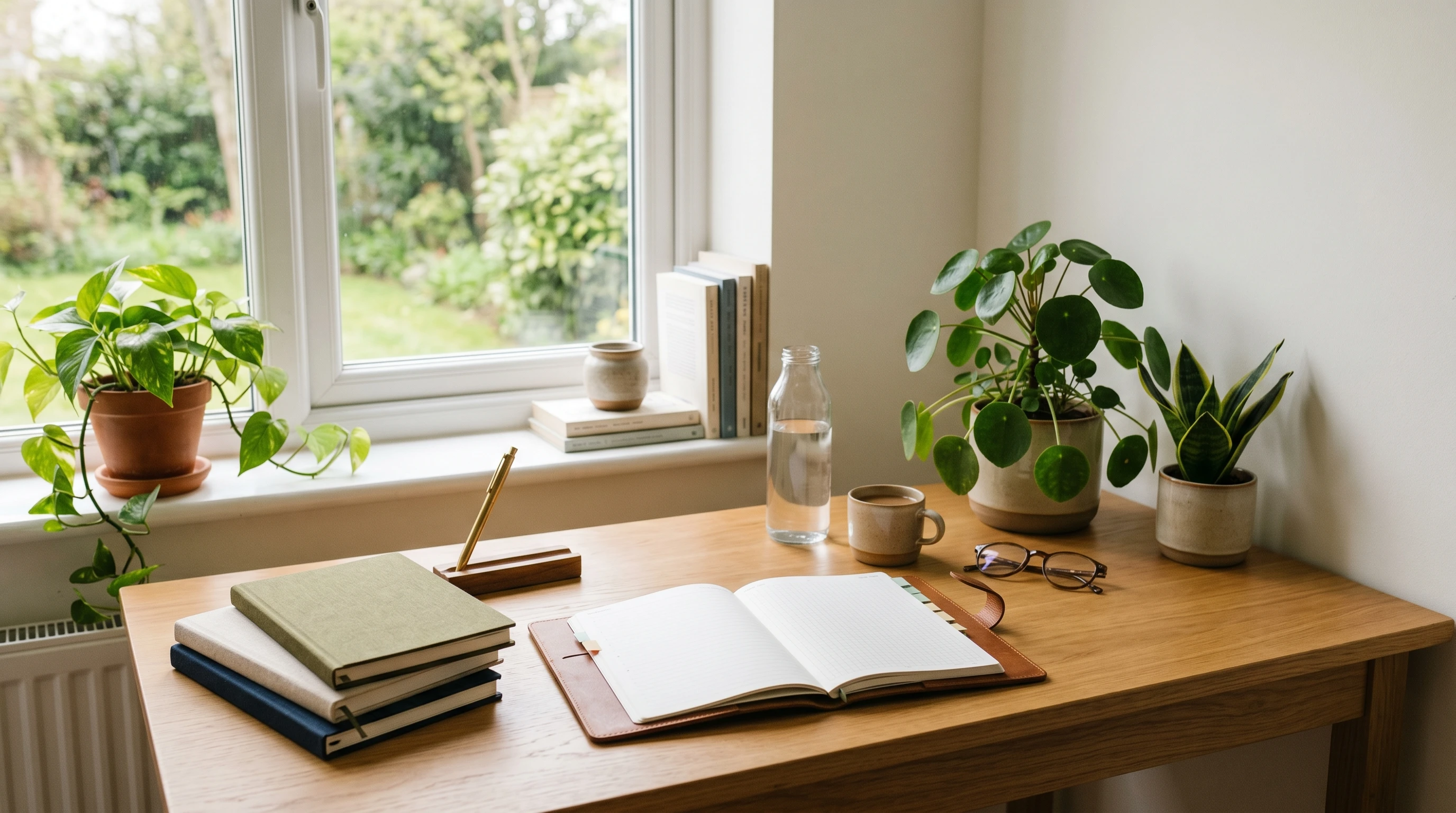 an organized desktop workspace showing a color-coded planner, a notebook with daily tasks, a cup of tea, and greenery for a calming vibe