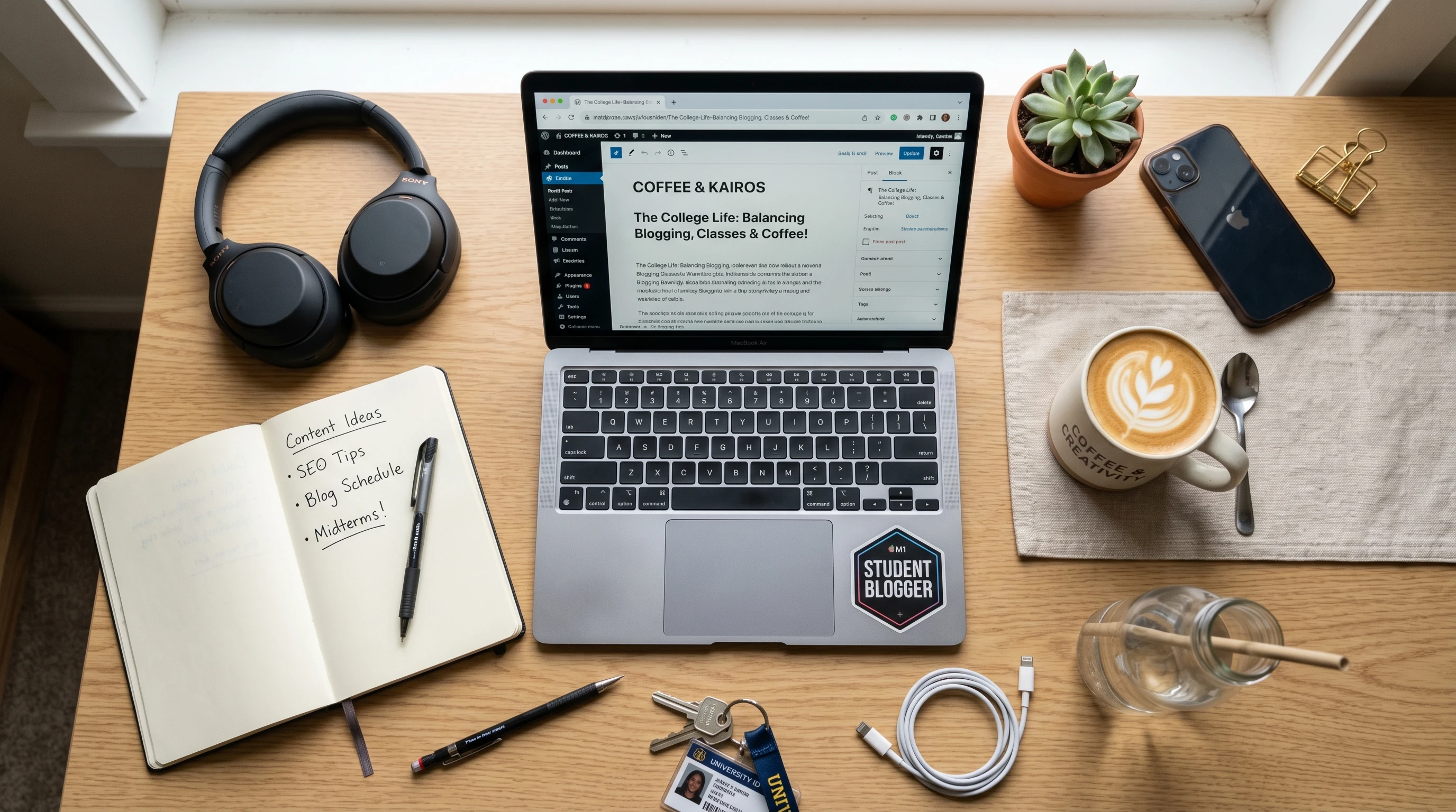 Flat lay of a college student's blogging workspace: notebook, laptop, coffee, and headphones on a tidy desk
