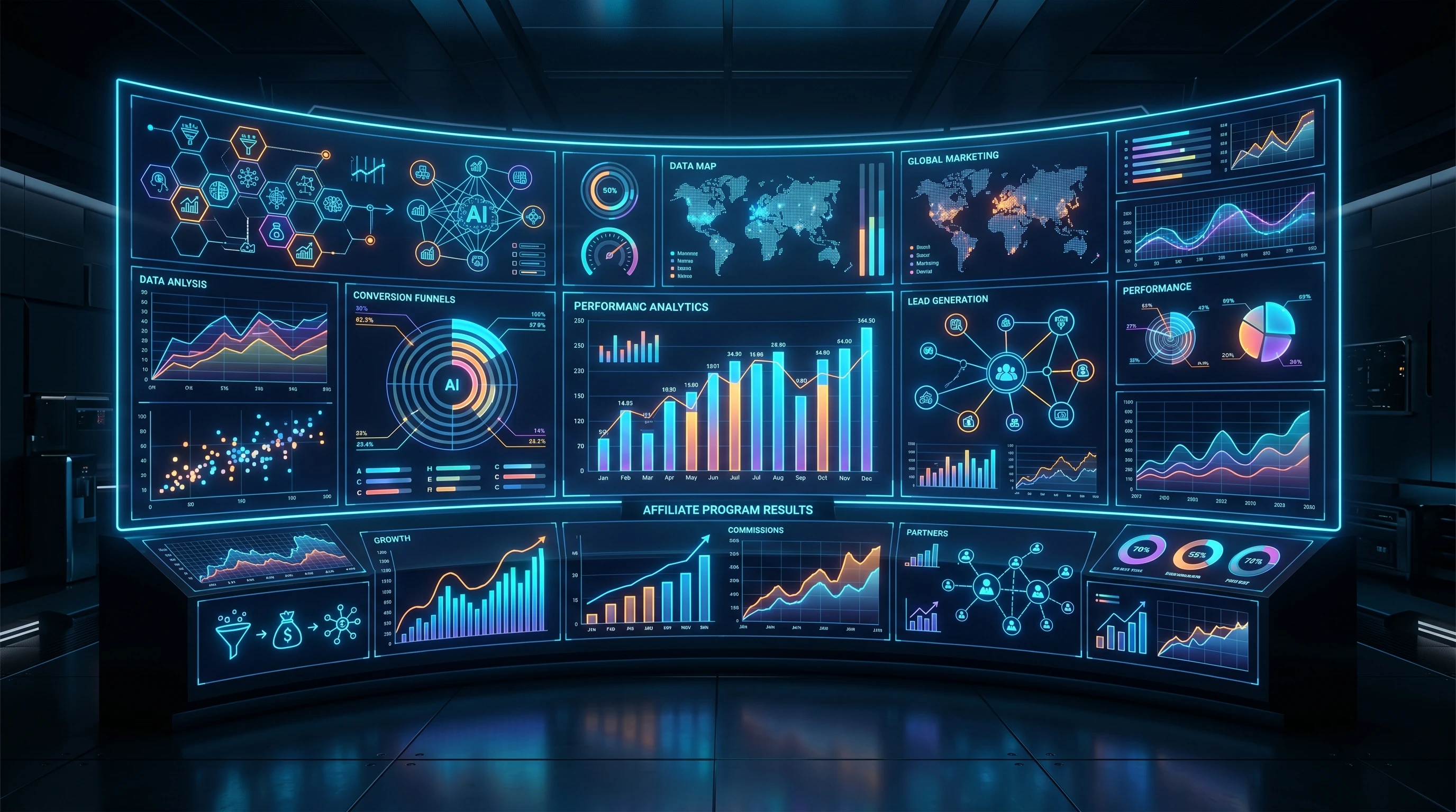 Futuristic digital dashboard showing AI algorithms and data analytics shaping affiliate marketing performance.