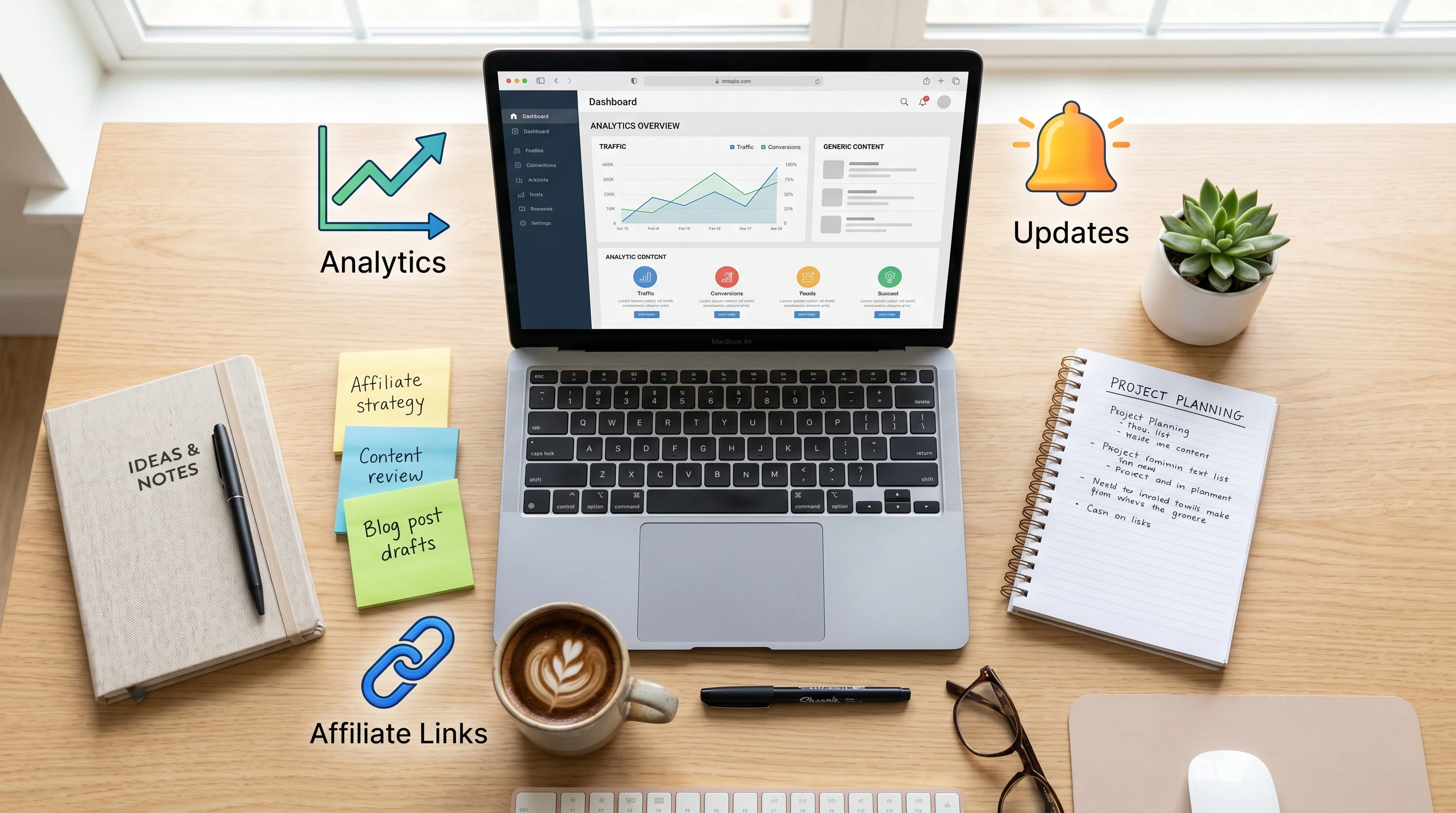 Illustration of a laptop with updated content, charts, and affiliate marketing icons