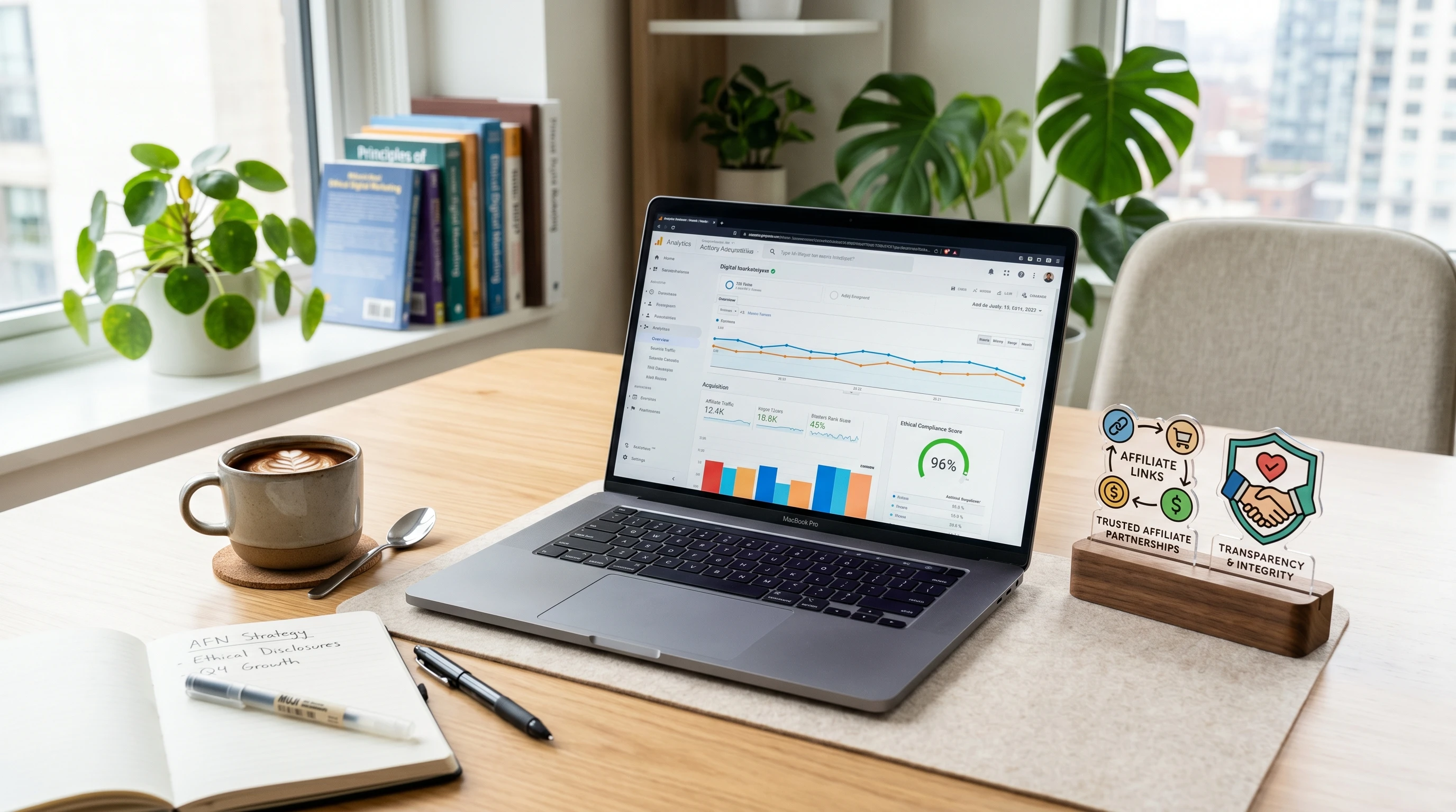 Modern digital marketing workspace featuring a laptop, coffee mug, and affiliate promotion icons on a bright desk.