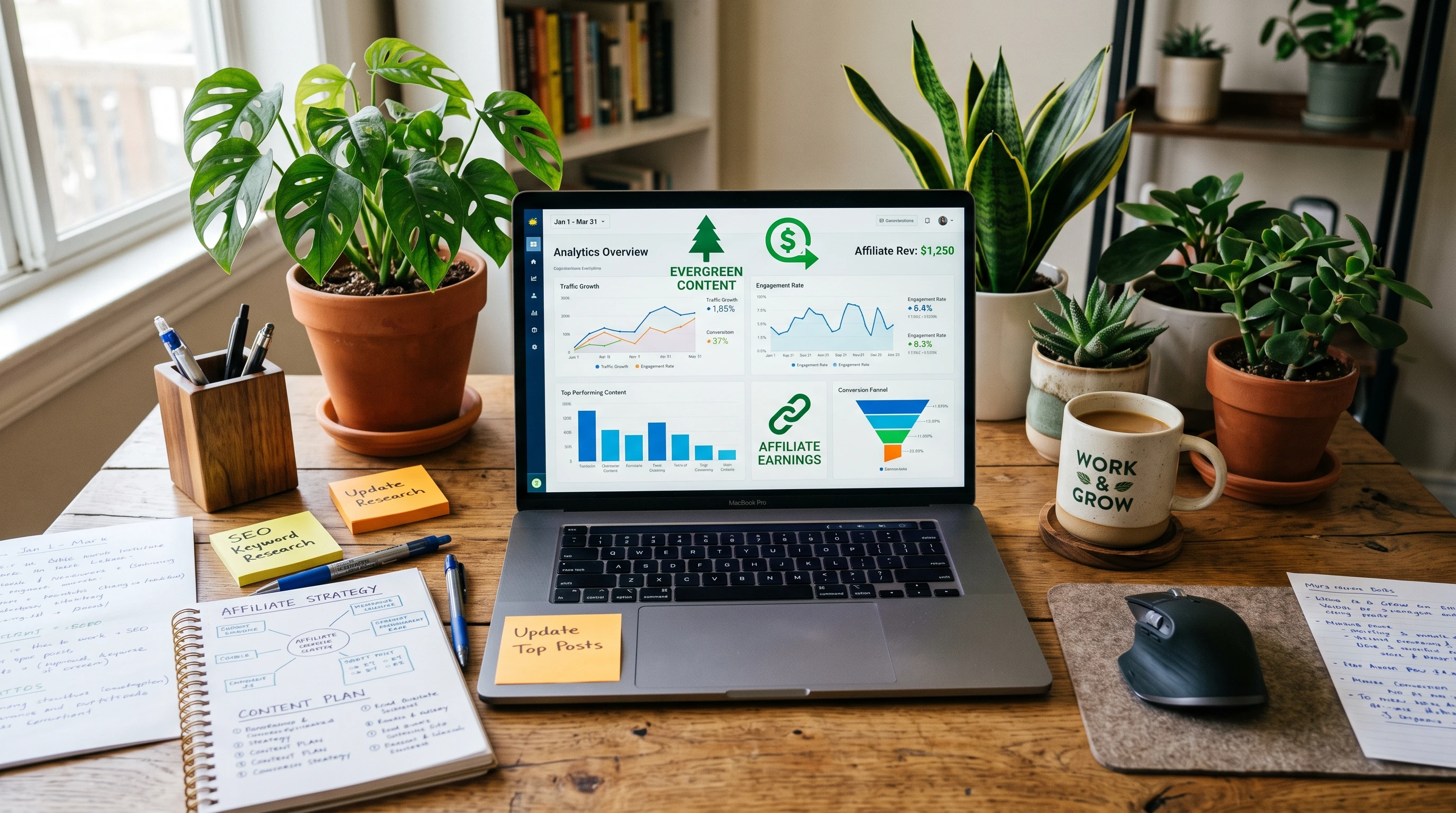 A vibrant laptop on a wooden desk surrounded by notes and plants, displaying analytics charts with evergreen content symbols and affiliate icons.